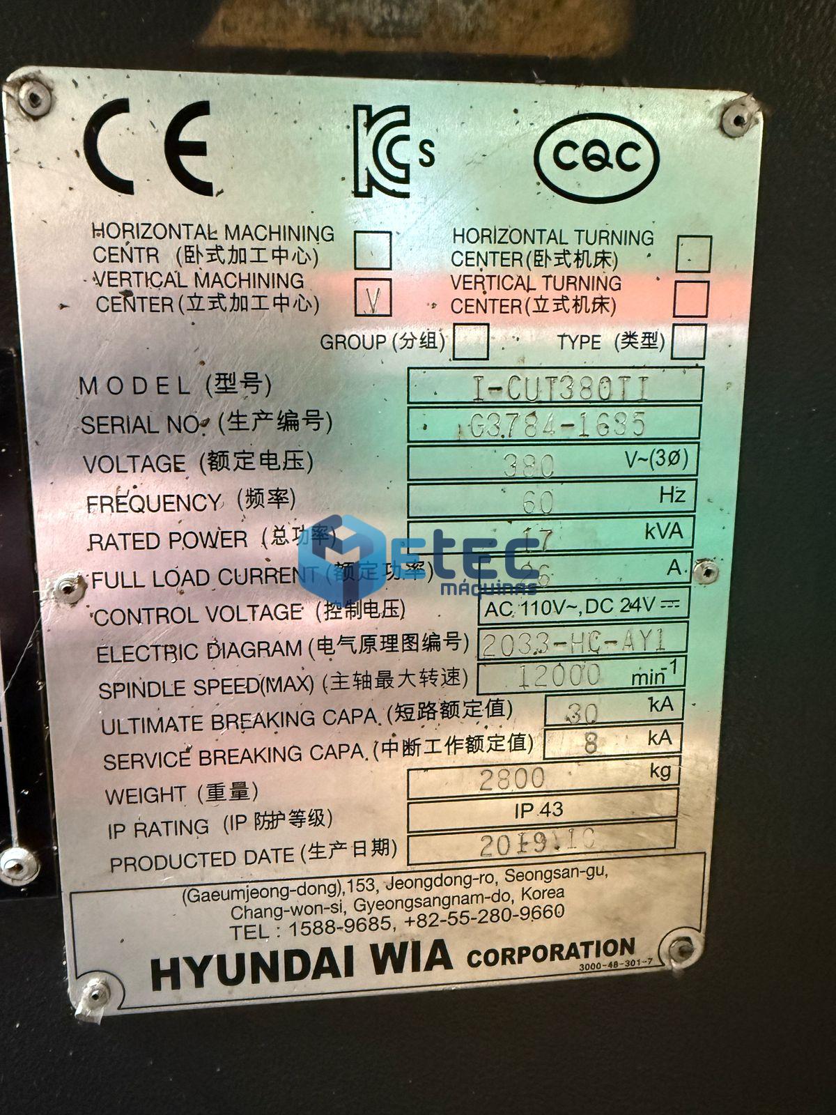 Centro de Usinagem Furação e Rosqueamento Hyundai i-CUT-380-TI